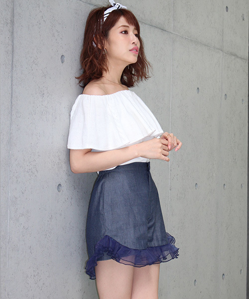 MICOAMERI（ミコアメリ）の「ライトデニムフリルショートパンツ（デニムパンツ・レディース・インディゴブルー/グレー/ブルー・FREE）」の12枚目の写真