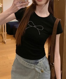 リボンラインストーンコンパクトTシャツ/半袖/ミニT/ショート丈/クロップド
