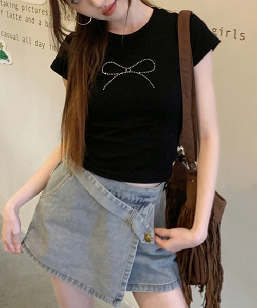 shyam inspiration（シャムインスピレーション）の「リボンラインストーンコンパクトTシャツ/半袖/ミニT/ショート丈/クロップド（Tシャツ/カットソー・レディース・ホワイト/ブラック・L/M）」の20枚目の写真