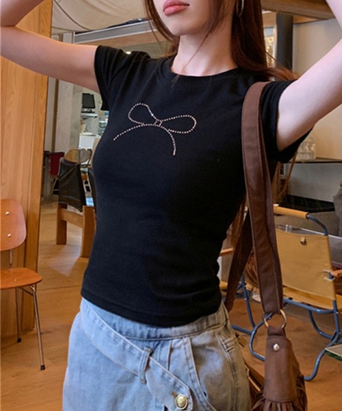 shyam inspiration（シャムインスピレーション）の「リボンラインストーンコンパクトTシャツ/半袖/ミニT/ショート丈/クロップド（Tシャツ/カットソー・レディース・ホワイト/ブラック・L/M）」の16枚目の写真