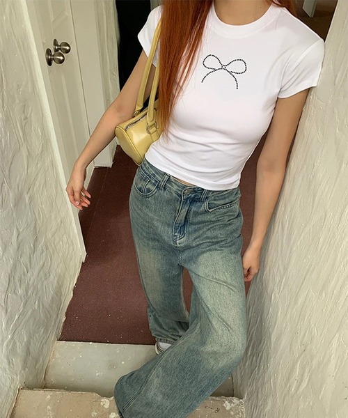 shyam inspiration（シャムインスピレーション）の「リボンラインストーンコンパクトTシャツ/半袖/ミニT/ショート丈/クロップド（Tシャツ/カットソー・レディース・ホワイト/ブラック・L/M）」の10枚目の写真