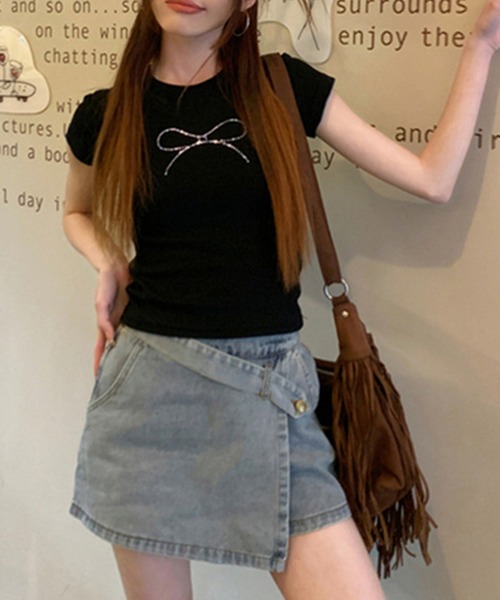 shyam inspiration（シャムインスピレーション）の「リボンラインストーンコンパクトTシャツ/半袖/ミニT/ショート丈/クロップド（Tシャツ/カットソー・レディース・ホワイト/ブラック・L/M）」の17枚目の写真