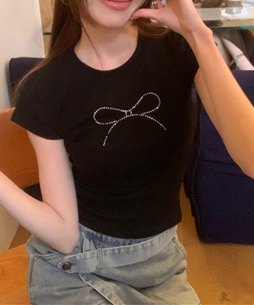 shyam inspiration（シャムインスピレーション）の「リボンラインストーンコンパクトTシャツ/半袖/ミニT/ショート丈/クロップド（Tシャツ/カットソー・レディース・ホワイト/ブラック・L/M）」の15枚目の写真