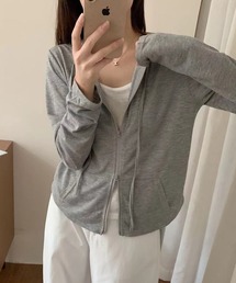 フェイクレイヤードフード付き長袖Tシャツ