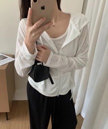 フェイクレイヤードフード付き長袖Tシャツ