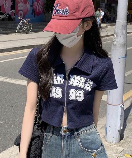 Girly Doll(ガーリードール)の「ダブルジップワッフル半袖カーディガン(Tシャツ/カットソー・レディース・ライトグレー/ブルー・M/L)」の2枚目の写真