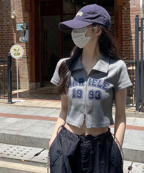 Girly Doll(ガーリードール)の「ダブルジップワッフル半袖カーディガン(Tシャツ/カットソー・レディース・ライトグレー/ブルー・M/L)」の3枚目の写真