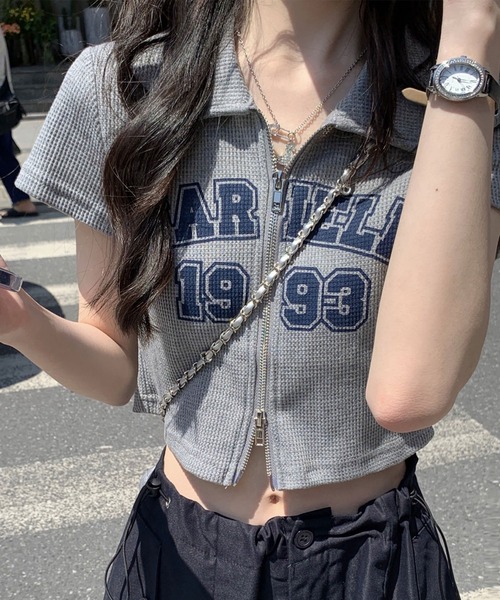 Girly Doll(ガーリードール)の「ダブルジップワッフル半袖カーディガン(Tシャツ/カットソー・レディース・ライトグレー/ブルー・M/L)」の4枚目の写真