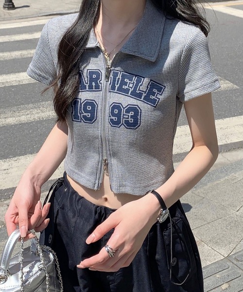 Girly Doll(ガーリードール)の「ダブルジップワッフル半袖カーディガン(Tシャツ/カットソー・レディース・ライトグレー/ブルー・M/L)」の5枚目の写真