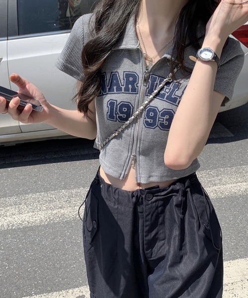 Girly Doll(ガーリードール)の「ダブルジップワッフル半袖カーディガン(Tシャツ/カットソー・レディース・ライトグレー/ブルー・M/L)」の6枚目の写真