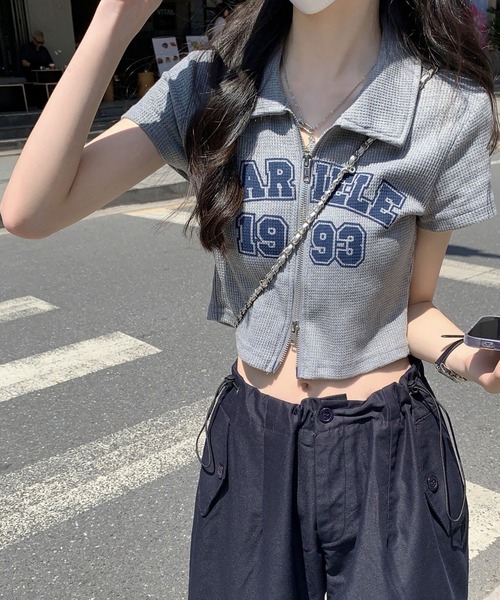 Girly Doll(ガーリードール)の「ダブルジップワッフル半袖カーディガン(Tシャツ/カットソー・レディース・ライトグレー/ブルー・M/L)」の8枚目の写真