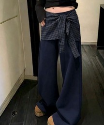 チェックシャツ腰巻き風 ドッキングワイドスラックス