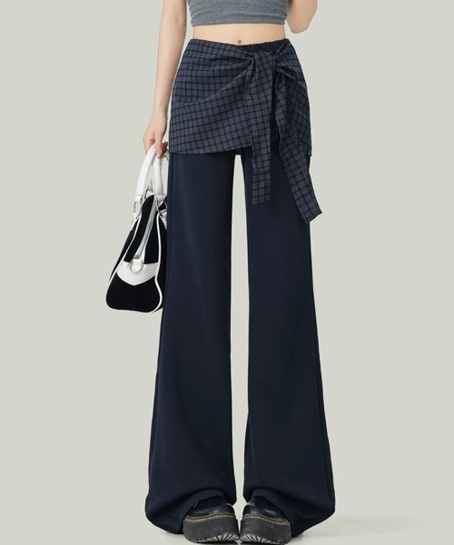 Teem Store(チームストア)の「チェックシャツ腰巻き風 ドッキングワイドスラックス(スラックス・レディース・ネイビー・M)」の2枚目の写真