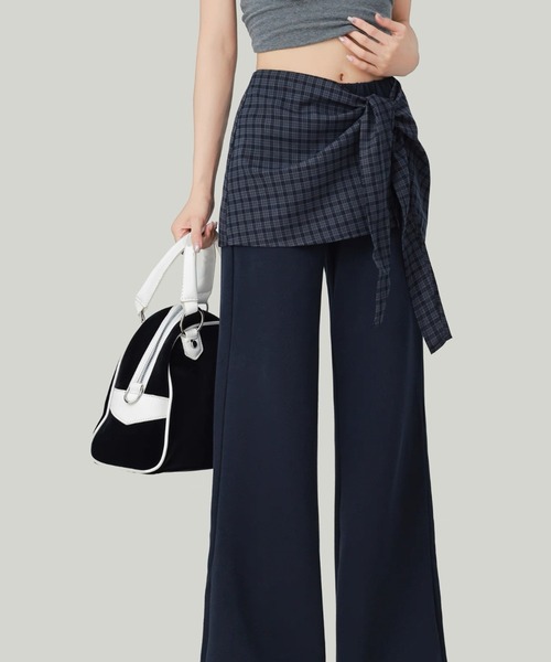 Teem Store(チームストア)の「チェックシャツ腰巻き風 ドッキングワイドスラックス(スラックス・レディース・ネイビー・M)」の3枚目の写真