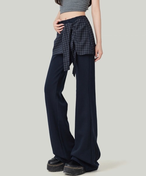 Teem Store(チームストア)の「チェックシャツ腰巻き風 ドッキングワイドスラックス(スラックス・レディース・ネイビー・M)」の4枚目の写真