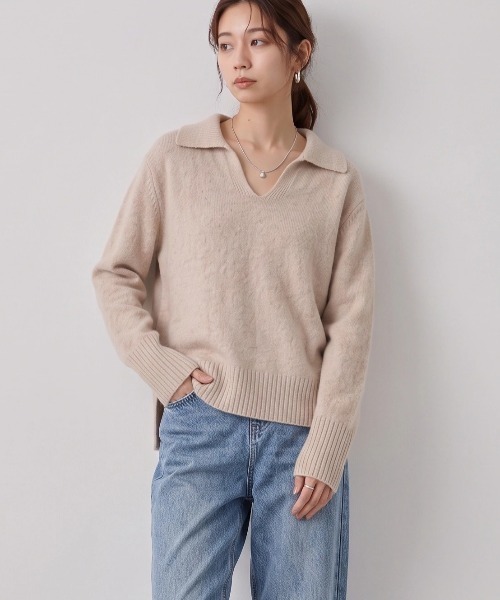 Nunc.(ヌンク)の「ヤクウール衿付きショートニット(ニット/セーター・レディース・チャコールグレー/ベージュ/イエロー・FREE)」の3枚目の写真