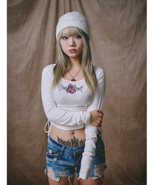GALFY（ガルフィー）の「GALFY/ガルフィー/別注 絞り上げおへそリブ長袖TEE（Tシャツ/カットソー・レディース・カモフラージュ/ブラック/ホワイト・F）」の4枚目の写真