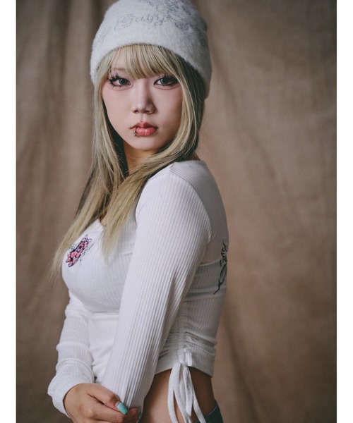 GALFY（ガルフィー）の「GALFY/ガルフィー/別注 絞り上げおへそリブ長袖TEE（Tシャツ/カットソー・レディース・カモフラージュ/ブラック/ホワイト・F）」の5枚目の写真
