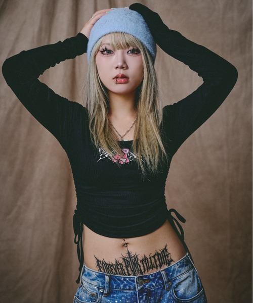 GALFY（ガルフィー）の「GALFY/ガルフィー/別注 絞り上げおへそリブ長袖TEE（Tシャツ/カットソー・レディース・カモフラージュ/ブラック/ホワイト・F）」の11枚目の写真