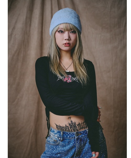GALFY（ガルフィー）の「GALFY/ガルフィー/別注 絞り上げおへそリブ長袖TEE（Tシャツ/カットソー・レディース・カモフラージュ/ブラック/ホワイト・F）」の12枚目の写真