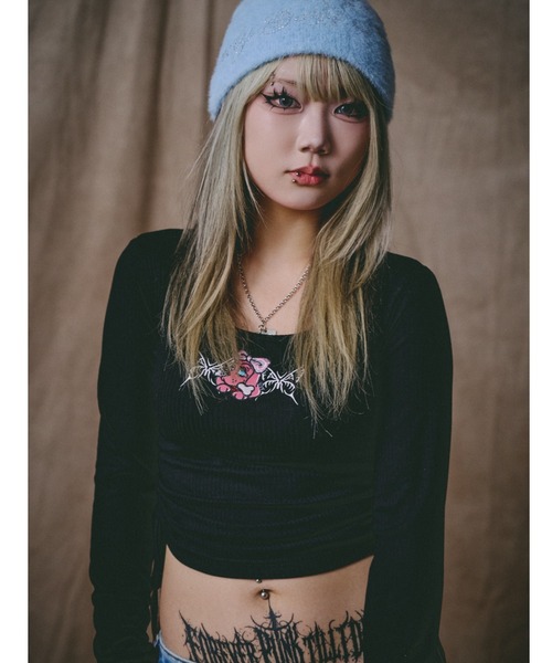 GALFY（ガルフィー）の「GALFY/ガルフィー/別注 絞り上げおへそリブ長袖TEE（Tシャツ/カットソー・レディース・カモフラージュ/ブラック/ホワイト・F）」の13枚目の写真