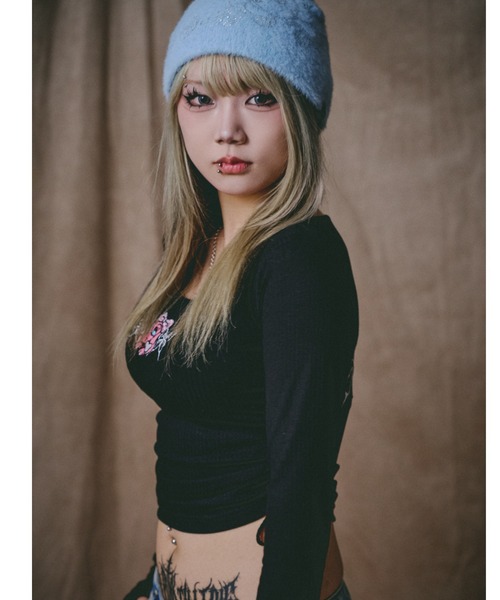 GALFY（ガルフィー）の「GALFY/ガルフィー/別注 絞り上げおへそリブ長袖TEE（Tシャツ/カットソー・レディース・カモフラージュ/ブラック/ホワイト・F）」の18枚目の写真