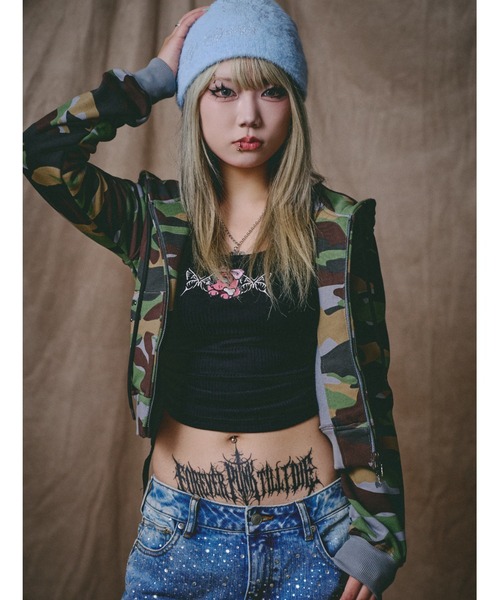 GALFY（ガルフィー）の「GALFY/ガルフィー/別注 絞り上げおへそリブ長袖TEE（Tシャツ/カットソー・レディース・カモフラージュ/ブラック/ホワイト・F）」の20枚目の写真
