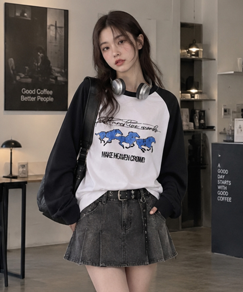 PEID(ペイド)の「PD ブルーホース ラグラン長袖Tシャツ 4色(Tシャツ/カットソー・レディース・ブラック/ホワイト/チャコールグレー/アッシュグレー・LARGE/X-LARGE)」の5枚目の写真
