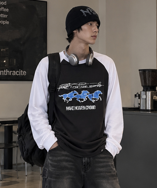 PEID(ペイド)の「PD ブルーホース ラグラン長袖Tシャツ 4色(Tシャツ/カットソー・レディース・ブラック/ホワイト/チャコールグレー/アッシュグレー・LARGE/X-LARGE)」の6枚目の写真