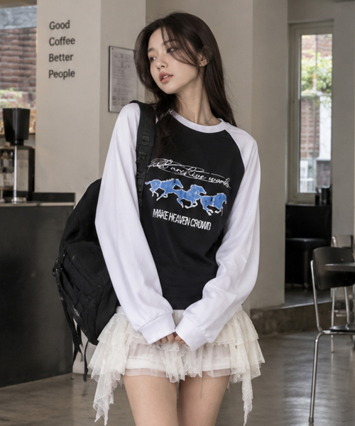 PEID(ペイド)の「PD ブルーホース ラグラン長袖Tシャツ 4色(Tシャツ/カットソー・レディース・ブラック/ホワイト/チャコールグレー/アッシュグレー・LARGE/X-LARGE)」の7枚目の写真