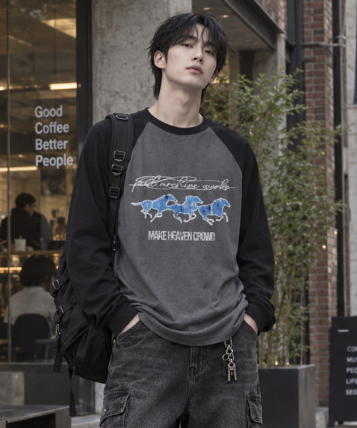 PEID(ペイド)の「PD ブルーホース ラグラン長袖Tシャツ 4色(Tシャツ/カットソー・レディース・ブラック/ホワイト/チャコールグレー/アッシュグレー・LARGE/X-LARGE)」の8枚目の写真