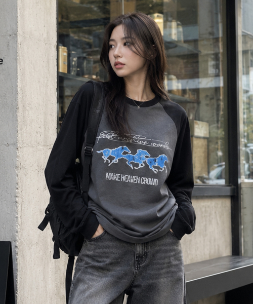 PEID(ペイド)の「PD ブルーホース ラグラン長袖Tシャツ 4色(Tシャツ/カットソー・レディース・ブラック/ホワイト/チャコールグレー/アッシュグレー・LARGE/X-LARGE)」の9枚目の写真