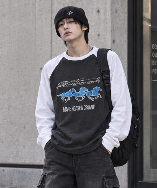 PEID(ペイド)の「PD ブルーホース ラグラン長袖Tシャツ 4色(Tシャツ/カットソー・レディース・ブラック/ホワイト/チャコールグレー/アッシュグレー・LARGE/X-LARGE)」の10枚目の写真