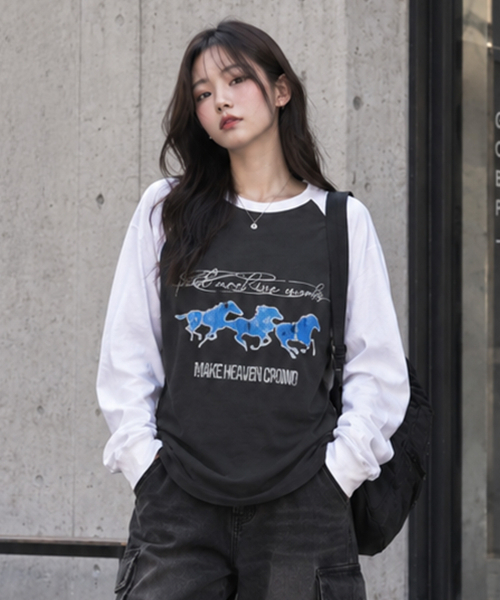 PEID(ペイド)の「PD ブルーホース ラグラン長袖Tシャツ 4色(Tシャツ/カットソー・レディース・ブラック/ホワイト/チャコールグレー/アッシュグレー・LARGE/X-LARGE)」の11枚目の写真