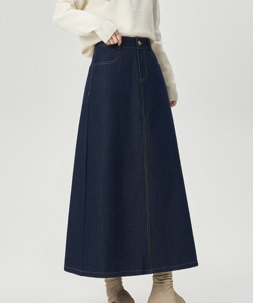ReRe(リリ)の「ステッチワークデニムスカート(デニムスカート・レディース・ダークブルー/ブラック・MEDIUM/X-LARGE/LARGE)」の1枚目の写真