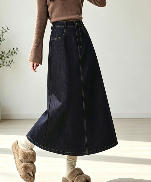 ReRe(リリ)の「ステッチワークデニムスカート(デニムスカート・レディース・ダークブルー/ブラック・MEDIUM/X-LARGE/LARGE)」の4枚目の写真