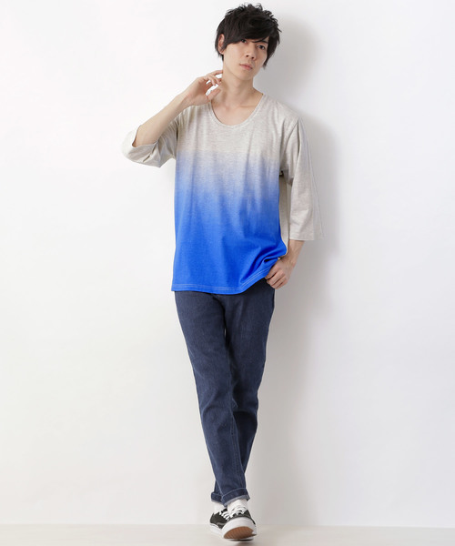 MONO-MART（モノマート）の「Uネックグラデーションカットソー(3/4スリーブ)（Tシャツ/カットソー・メンズ・ブルー/ブラック/ブルーグリーン/ネイビー/ワイン/グリーン・M/L）」の8枚目の写真