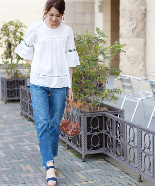 REAL CUBE(リアルキューブ)の「REAL CUBE ボーダーラインはしごレースブラウス(シャツ/ブラウス・レディース・オフホワイト/ネイビー・40/38)」の10枚目の写真