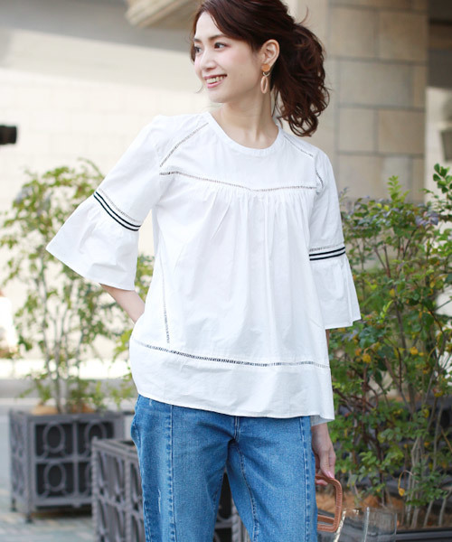 REAL CUBE(リアルキューブ)の「REAL CUBE ボーダーラインはしごレースブラウス(シャツ/ブラウス・レディース・オフホワイト/ネイビー・40/38)」の8枚目の写真