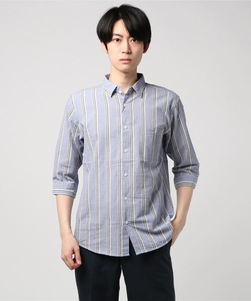 Blue Standard (ブルースタンダード)の「【BLUE STANDARD】強撚コットン7分袖シャツ(シャツ/ブラウス・メンズ・ホワイト/ネイビー/グレー/ブルー系その他/ライトブルー/ダークブルー・MEDIUM/X-LARGE/LARGE)」の2枚目の写真