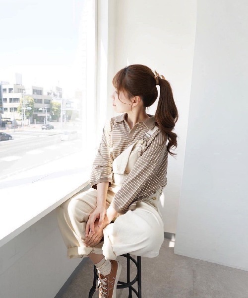 moi tytto（モイテュット）の「オーバーサイズポロシャツ（ポロシャツ・レディース・ベージュ/ネイビー・FREE）」の7枚目の写真