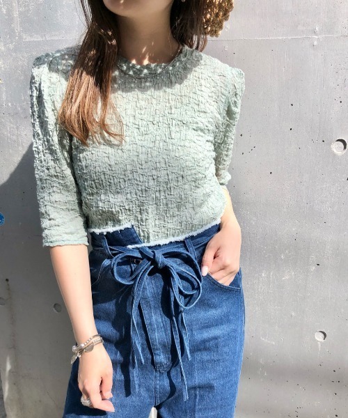 Kastane（カスタネ）の「クラッシュジャガード5分袖（Tシャツ/カットソー・レディース・グリーン/スカイブルー/オフホワイト/ネイビー/パープル・FREE）」の4枚目の写真