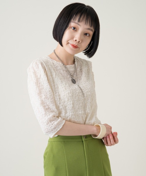 Kastane（カスタネ）の「クラッシュジャガード5分袖（Tシャツ/カットソー・レディース・グリーン/スカイブルー/オフホワイト/ネイビー/パープル・FREE）」の12枚目の写真