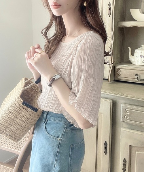 moment+（モーメントプラス）の「【累計販売枚数4万枚突破！】インナーキャミ付き半袖メローシアープリーツブラウス（シャツ/ブラウス・レディース・ブラック/ブラウン/オフホワイト/カーキ/ライトグリーン/グレイッシュベージュ・M/L）」の15枚目の写真