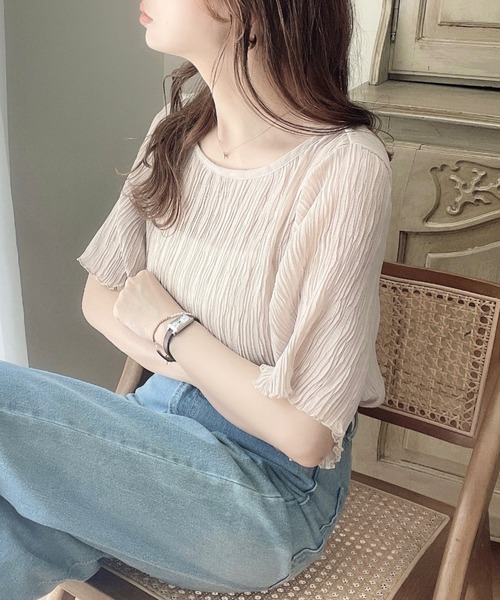 moment+（モーメントプラス）の「【累計販売枚数4万枚突破！】インナーキャミ付き半袖メローシアープリーツブラウス（シャツ/ブラウス・レディース・ブラック/ブラウン/オフホワイト/カーキ/ライトグリーン/グレイッシュベージュ・M/L）」の18枚目の写真