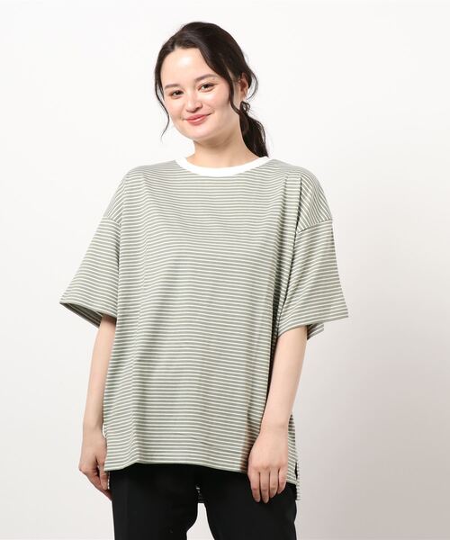 ehka sopo（エヘカソポ）の「細ボーダービッグTシャツ（Tシャツ/カットソー・レディース・ピンク/グリーン/ネイビー・ﾌﾘ-）」の6枚目の写真