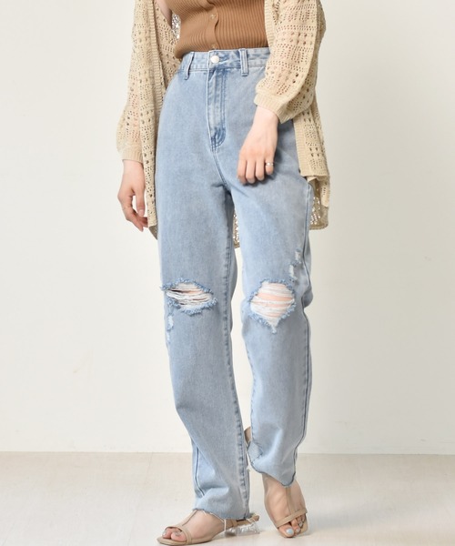 RETRO GIRL（レトロガール）の「ダメージデニムパンツ（デニムパンツ・レディース・ライトブルー/ブラック/オフホワイト/ケミカルウォッシュ・FREE）」の4枚目の写真