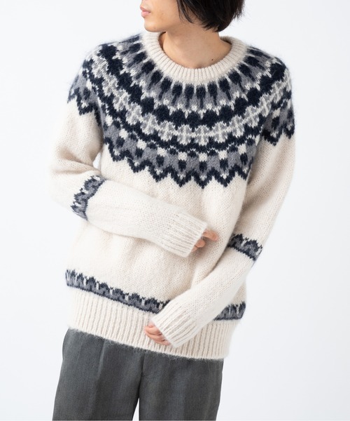 美品　バトナー　ノルディック柄　ニットカーディガン　モヘヤ　アルパカ　1 バトナー ニット ノルディック柄 ウール モヘヤ アルパカ アイボリー