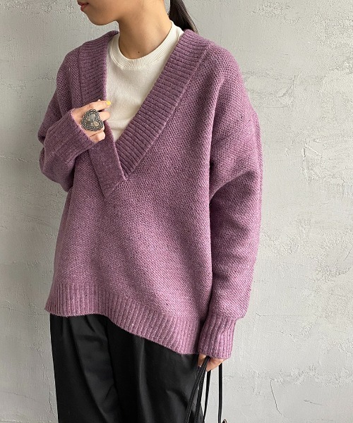 JF Ready Made（ジェイエフレディメイド）の「[Jf Ready Made/ジェイエフレディメイド] ネップヤーン 深Ｖネックニット（ニット/セーター・レディース・ダークグリーン/モカ/パープル・F）」の3枚目の写真