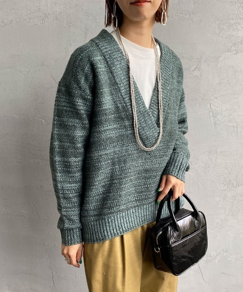 JF Ready Made（ジェイエフレディメイド）の「[Jf Ready Made/ジェイエフレディメイド] ネップヤーン 深Ｖネックニット（ニット/セーター・レディース・ダークグリーン/モカ/パープル・F）」の2枚目の写真